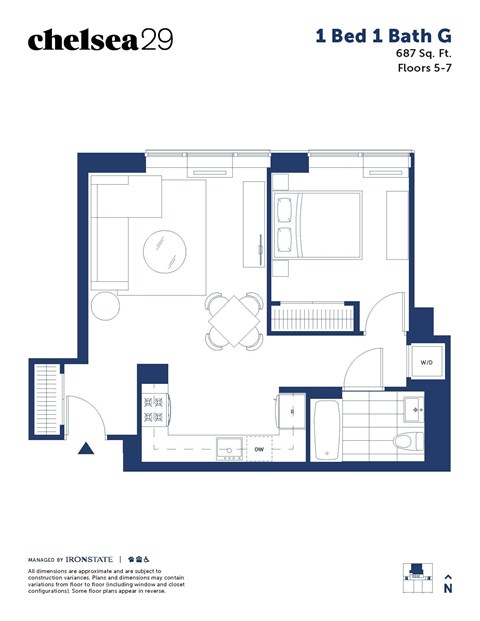 A floor plan for a 1 Bed 1 Bath apartment.